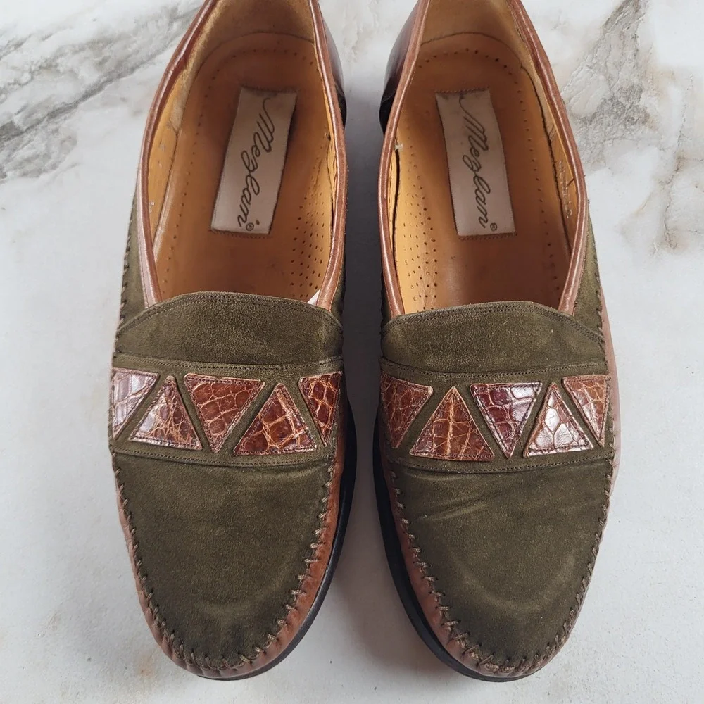 MEZLAN MORELLA Size 7 M Men's Suede Leather & Crocodile Loafers Olive